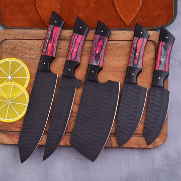 Professional 5-Piece Black Kitchen Knife Set | Red & Black Handles