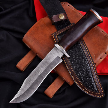 Handmade Damascus Bowie Knife – Dark Brown Handle & Leather Sheath