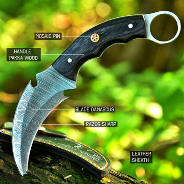 Damascus Steel Karambit Knife – Black Handle & Leather Sheath