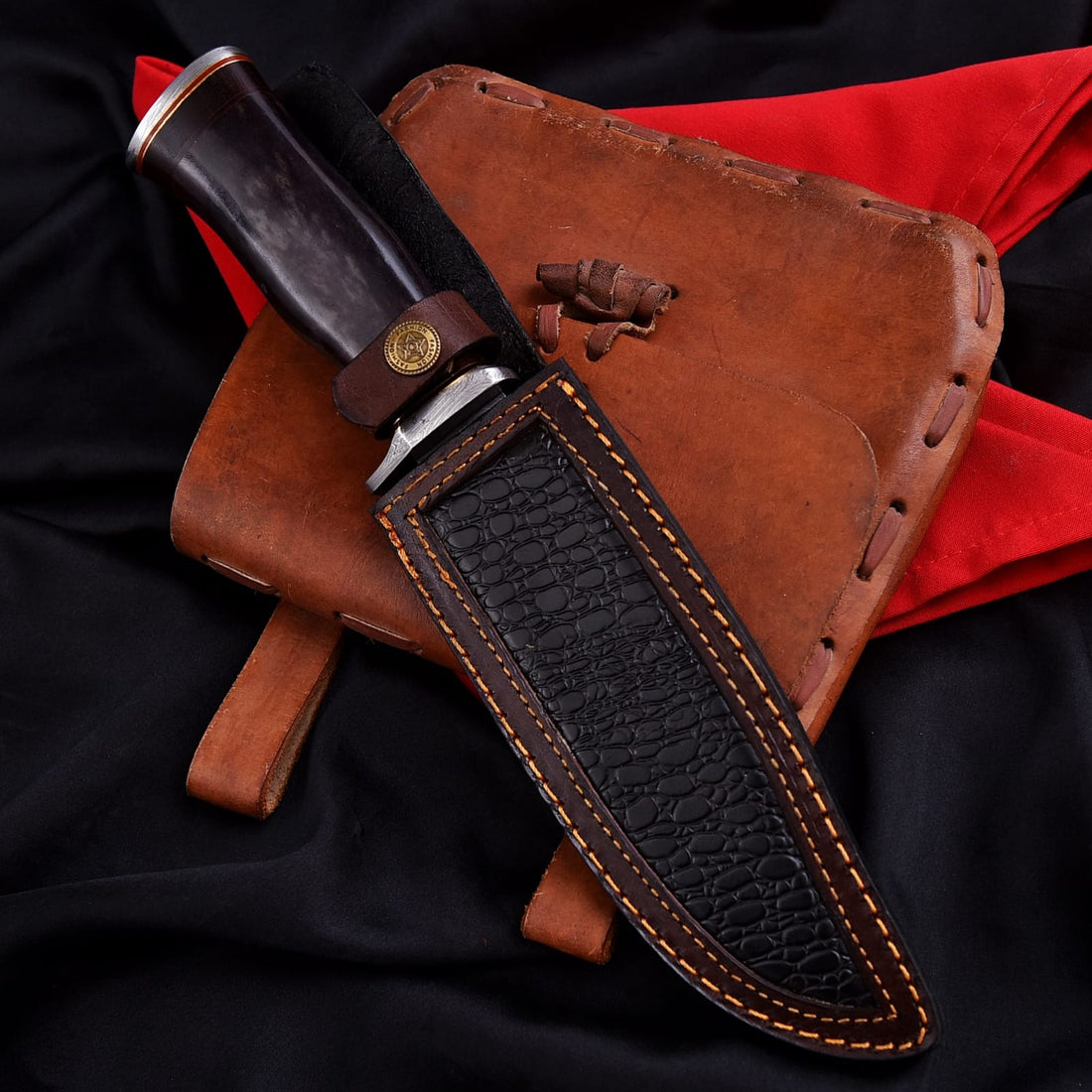Handmade Damascus Bowie Knife – Dark Brown Handle & Leather Sheath